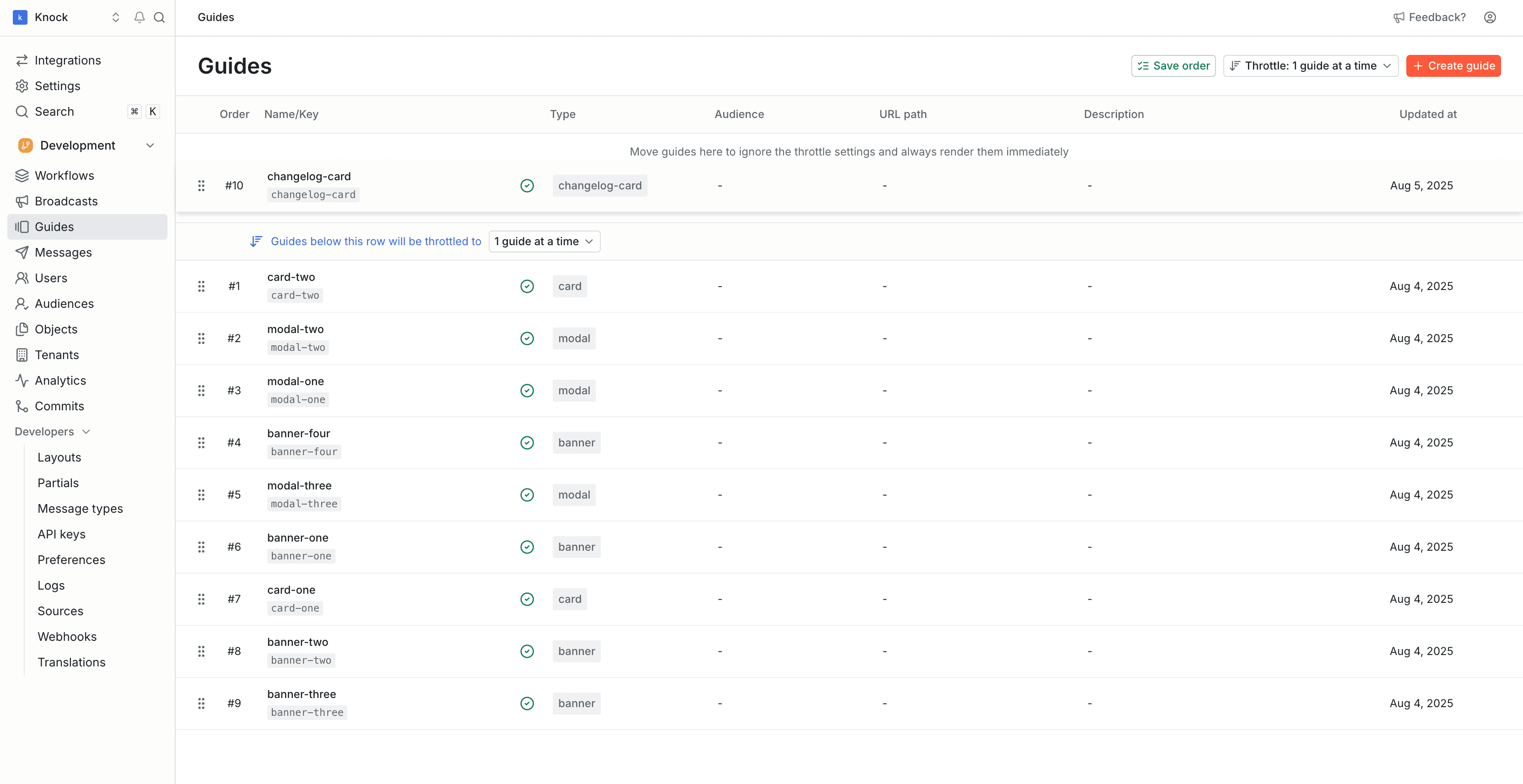 Setting guide order in the Knock dashboard